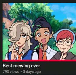 1boy 2girls :d arven_(pokemon) blue_hair blue_vest breast_pocket collared_shirt day eyelashes fake_video freckles glasses grass hair_over_one_eye hand_up index_finger_raised meme mewing_(meme) multicolored_hair multiple_girls necktie nemona_(pokemon) nintendo open_clothes open_mouth open_vest orange_necktie outdoors penny_(pokemon) pocket pokemon pokemon_sv red_hair round_eyewear shirt short_hair sky smile submashell tree two-tone_hair vest white_shirt