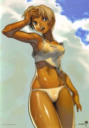 Rule 34 | 1girl, absurdres, beach, blonde hair, blue eyes, breasts, character request, cloud, cowboy shot, dark-skinned female, dark skin, day, elena (street fighter), female focus, hand on own head, highres, kim hyung tae, legs, midriff, muscular, navel, outdoors, oxide, panties, scan, see-through clothes, shirt, short hair, sideboob, sky, solo, standing, street fighter, street fighter iii: 3rd strike, sweat, tan, tank top, teeth, thighs, toned, toned female, underwear, upper teeth only, wet, white panties