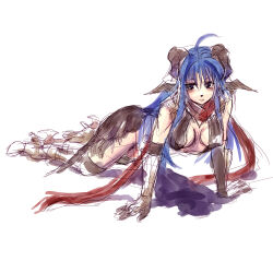 1girl ahoge all_fours armor assassin_cross_(ragnarok_online) black_eyes black_gloves black_leotard black_thighhighs blue_hair blush breasts brown_horns closed_mouth commentary_request expressionless full_body gloves horns leotard long_hair looking_at_viewer medium_breasts pauldrons ragnarok_online revealing_clothes shoulder_armor simple_background sketch solo thighhighs white_background yukimushi