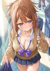 2boys 2girls absurdres bag bow bowtie breasts brown_cardigan brown_hair cardigan cleavage clothes_grab commentary_request cowboy_shot expressionless gyaru hallway highres indoors long_sleeves looking_at_viewer loose_bowtie misekiss multicolored_hair multiple_boys multiple_girls original pants pleated_skirt pov purple_bow purple_bowtie purple_eyes purple_nails school_bag shirt shoes skirt sleeve_grab solo_focus streaked_hair white_shirt white_shoes