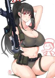 1boy 1girl alternate_costume arm_up assault_rifle belt black_hair blue_archive breasts cleavage commentary doodle_sensei_(blue_archive) english_commentary gloves green_gloves green_panties green_sports_bra gun halo high_ponytail highres holding holding_gun holding_weapon holster large_breasts long_hair looking_at_viewer panties parted_lips ponytail red_eyes revolverwing rifle sensei_(blue_archive) simple_background sitting solo_focus sports_bra sweat tactical_clothes thigh_strap thighs underwear very_long_hair weapon white_background