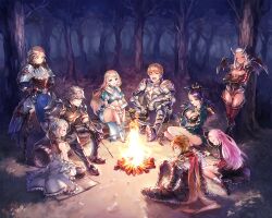 3boys 6+girls armor artist_request black_capelet black_gloves black_shoes black_skirt blonde_hair blue_eyes braid braided_bun brown_eyes brown_hair campfire capelet chase_(king&#039;s_raid) clause_(king&#039;s_raid) cleo_(king&#039;s_raid) closed_eyes commentary commentary_request crossed_arms demia_(king&#039;s_raid) demon_horns demon_wings dress english_commentary feather_dress forest frey_(king&#039;s_raid) gloves green_dress grey_dress grey_eyes grey_hair hair_bun hair_ornament hairpin high_heels highres horns king&#039;s_raid korean_commentary laughing leaning_on_object long_hair maria_(king&#039;s_raid) medium_hair miniskirt mixed-language_commentary morrah multiple_boys multiple_girls nature night official_art petticoat pink_hair purple_hair red_shirt red_thighhighs ribbon-trimmed_socks ribbon_trim roi_(king&#039;s_raid) scarlet_(king&#039;s_raid) second-party_source seiza shirt shoes short_hair sitting sitting_on_log skirt sleeveless sleeveless_dress smile socks thighhighs very_long_hair wariza white_hair white_shoes white_socks wings