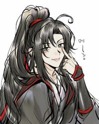 1boy :p ahoge akanbe bishounen black_hair black_hanfu chinese_clothes eyelid_pull grey_eyes hair_ribbon hand_up hanfu korean_commentary korean_text long_hair looking_at_viewer magamhani male_focus modao_zushi ponytail red_ribbon ribbon sidelocks sleeves_past_wrists smile solo tongue tongue_out upper_body wei_wuxian white_background