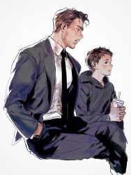 2boys aged_down avengers_(series) black_hoodie black_jacket black_necktie black_pants blue_eyes brown_eyes brown_hair child collared_shirt commentary cup drinking_straw english_commentary facial_hair fingernails formal_clothes hand_in_pocket highres holding holding_cup hood hoodie jacket lapels long_sleeves looking_at_another looking_to_the_side male_focus malkogromit marvel multiple_boys necktie open_clothes open_jacket open_mouth pants puffy_long_sleeves puffy_sleeves shirt short_hair simple_background sitting smile steve_rogers suit suit_jacket tony_stark white_background white_shirt
