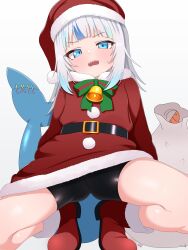 1girl absurdres bell bike_shorts blue_eyes blue_hair blunt_bangs blush commentary dated_commentary ebi-chan_(gawr_gura) fins fish_tail gawr_gura green_ribbon hat highres hololive hololive_english medium_hair mingkozus multicolored_hair open_mouth pom_pom_(clothes) red_footwear ribbon santa_costume santa_hat shark_girl shark_tail sharp_teeth simple_background squatting streaked_hair tail teeth virtual_youtuber white_background white_hair