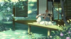 Rule 34 | 2boys, absurdres, arm tattoo, black hair, blue flower, book, chest tattoo, commentary, couple, day, drink, english commentary, extra arms, extra eyes, facial tattoo, flower, fushiguro megumi, green eyes, highres, holding, holding book, indoors, japanese clothes, jujutsu kaisen, kimono, male focus, multiple boys, muscular, muscular male, pectorals, pink flower, pink hair, plant, reading, red eyes, rock, ryoumen sukuna (jujutsu kaisen), ryoumen sukuna (true form) (jujutsu kaisen), short hair, shoulder tattoo, sitting, smile, summer, tattoo, trgmc1, water, wide sleeves, yaoi