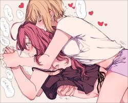 2girls amane_(7783) black_camisole blonde_hair blush brown_background camisole frottage grabbing_another&#039;s_breast groping heart highres holding_another&#039;s_wrist ichinose_shiki idolmaster idolmaster_cinderella_girls kissing_hair long_hair miyamoto_frederica multiple_girls parted_lips purple_shorts red_hair shirt short_sleeves shorts simple_background speech_bubble strap_slip tears translation_request trembling white_shirt yuri