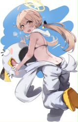 1girl alternate_costume bikini black_bikini blue_archive blush brown_eyes brown_hair full_body halo hifumi_(blue_archive) kyarupunch looking_at_viewer peroro_(blue_archive) simple_background solo sweat swimsuit v white_background