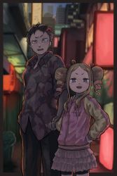 Rule 34 | 1boy, 1girl, :d, age difference, beatrice (re:zero), bike shorts, black hair, blonde hair, blue eyes, commentary request, drill hair, highres, holding hands, jacket, kotarou (kotakota ee), long hair, long sleeves, natsuki subaru, night, open mouth, outdoors, pink jacket, re:zero kara hajimeru isekai seikatsu, short hair, sidelocks, skirt, smile, symbol-shaped pupils, teenage boy and younger girl, teeth, tongue, twin drills, twintails, upper teeth only, yellow jacket