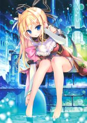 1girl :d absurdres barefoot black_ribbon blonde_hair blouse blue_eyes blush braid breasts column detached_sleeves dungeon_core_no._695 feather_hair_ornament feet female_focus french_braid full_body hair_intakes hair_ornament hair_ribbon hands_on_feet highres long_hair long_sleeves open_mouth original pillar pleated_skirt reflection reflective_water ribbon ripples rokuko scan shirt sitting skirt sleeveless sleeveless_shirt smile solo toes very_long_hair water water_drop waterfall white_shirt youta zettai_ni_hatarakitakunai_dungeon_master_ga_damin_wo_musaboru_made