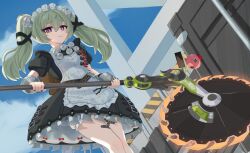 1girl animal_bag apron bandaid bandaid_on_leg bear_bag black_dress black_nails blue_sky breasts charm_(object) circular_saw commentary_request corin_wickes cowboy_shot cuffs dress dutch_angle green_hair hair_between_eyes highres holding holding_weapon long_hair looking_at_viewer maid maid_apron maid_headdress puffy_short_sleeves puffy_sleeves purple_eyes saw screw_hair_ornament short_sleeves sidelocks sky solo sugunejineji twintails weapon white_apron zenless_zone_zero