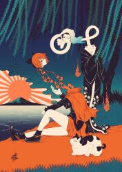 Rule 34 | black shirt, black shoes, bow, cape, cat, cloak, disembodied head, fine art parody, floating head, floral print, hair bow, hands in opposite sleeves, hitodama, japanese clothes, knee up, limited palette, long sleeves, looking at viewer, mount fuji, nihonga, ocean, outdoors, parody, red cape, red cloak, red eyes, red hair, rokurokubi, sekibanki, shirt, shoes, short hair, signature, sitting, standing, sunburst, touhou, traditional youkai, tree, ukiyo-e, yamada satoshi
