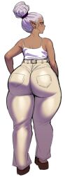 1girl ass brown_shoes dark-skinned_female dark_skin denim elf elf-san_wa_yaserarenai. facing_away full_body hair_bun huge_ass jeans kuroeda_(elf-san_wa_yaserarenai.) pants plump pocket pointy_ears shirt shoes simple_background single_hair_bun skindentation sleeveless sleeveless_shirt solo synecdoche thick_thighs thighs white_background white_hair white_pants white_shirt