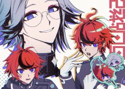 2boys ? ahoge aotsuki_eito armband black_jacket black_pants blood blood_on_face blue_eyes chibi chibi_inset eyeliner glasses gloves grey_hair highres holding holding_scythe holding_sword holding_weapon injury jacket last_defense_academy_school_uniform makeup male_focus multicolored_hair multiple_boys multiple_views open_mouth pants qige red_eyeliner red_hair school_uniform scythe short_hair smile spoken_question_mark streaked_hair sumino_takumi sword teeth the_hundred_line_-last_defense_academy- weapon white-framed_eyewear white_armband white_gloves