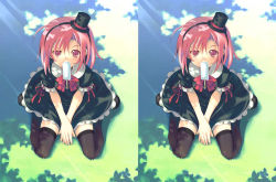 1girl 3d female_focus food full_body hat kneeling multiple_views outdoors pink_eyes pink_hair plant popsicle thighhighs top_hat zettai_ryouiki
