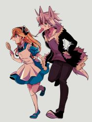 1boy 1girl ahoge alice_(alice_in_wonderland) alice_(alice_in_wonderland)_(cosplay) alice_in_wonderland animal_ears apron black_bow black_hairband black_jacket blazblue blonde_hair blue_dress bow candy cosplay dress food fur_trim green_eyes grey_hair hair_bow hairband hands_in_pockets height_difference heterochromia jacket lollipop long_hair looking_at_viewer mako_gai mullet noel_vermillion ragna_the_bloodedge red_eyes short_hair smile tail white_hair wolf wolf_boy wolf_ears wolf_tail
