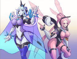 Rule 34 | 2girls, absurdres, azure striker gunvolt, azure striker gunvolt 3, black sclera, blue eyes, bodysuit, breasts, colored sclera, cowboy shot, gradient background, gunvolt chronicles luminous avenger ix 2, hail (gunvolt), hair bun, highres, in-franchise crossover, large breasts, long hair, mechanical wings, monitron, multiple girls, pink bodysuit, pink hair, purple bodysuit, simple background, sistina (gunvolt), wings