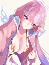 1girl :3 absurdres angel_wings bandaid bandaids_on_nipples bikini blush bow breasts cleavage closed_mouth collarbone ear_piercing fueppu gradient_hair hair_bow hair_ornament hairclip halo heart heart_hair_ornament heterochromia highres hood hoodie huge_breasts indie_virtual_youtuber kurumizawa_ririka long_hair long_sleeves looking_at_viewer multicolored_hair open_clothes open_hoodie pasties piercing pink_bow pink_eyes pink_hair pink_halo pink_hoodie pink_lips pom_pom_(clothes) pom_pom_hair_ornament rabbit_hair_ornament simple_background solo swimsuit twintails virtual_youtuber white_background white_wings wing_hair_ornament wings yellow_bikini