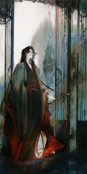 1boy absurdres black_hair black_hanfu black_robe chinese_clothes closed_mouth coat didbub1 flute full_body grey_coat hair_down hair_ribbon half_updo hanfu highres holding holding_flute holding_instrument indoors instrument korean_commentary long_hair long_sleeves looking_at_viewer male_focus modao_zushi official_alternate_costume official_alternate_hairstyle red_eyes red_ribbon ribbon robe sash smile solo standing tassel very_long_hair wei_wuxian wei_wuxian_(yiling_laozu) wide_sleeves