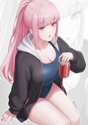 1girl absurdres black_hoodie blue_one-piece_swimsuit breasts can cleavage commentary english_commentary fingernails high_ponytail highres holding holding_can hololive hololive_english hood hoodie huge_breasts long_hair long_sleeves mori_calliope nail_polish one-piece_swimsuit open_clothes open_hoodie open_mouth pink_eyes pink_hair pink_nails ponytail sitting swimsuit thighs twitter_username virtual_youtuber wet wet_hair white_background yubaest zoom_layer