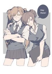 Rule 34 | 2girls, absurdres, axis powers hetalia, blonde hair, brown hair, collared shirt, cropped legs, crossed arms, dayang17137, english text, france (female) (hetalia), france (hetalia), green eyes, hair bun, hair ornament, hairclip, highres, long hair, looking at viewer, multiple girls, necktie, purple eyes, school uniform, shirt, short sleeves, skirt, smile, speech bubble, twintails, united kingdom (female) (hetalia), united kingdom (hetalia), updo, vest, white shirt