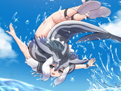 1girl black_hair blowhole blue_hair blush cetacean_tail dolphin_girl dorsal_fin dress fins fish_tail frilled_dress frills grey_hair hair_between_eyes head_fins highres kemono_friends kemono_friends_3 long_hair looking_at_viewer mo23 multicolored_hair ocean pacific_white-sided_dolphin_(kemono_friends) sailor_dress short_sleeves solo somersault splashing tail upside-down white_dress white_hair