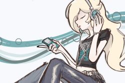 1girl 2909kjk black_shirt blonde_hair closed_eyes digital_media_player from_side hair_over_one_eye headphones highres listening_to_music long_hair mario_(series) midriff_peek nail_polish nintendo pants rosalina shirt solo