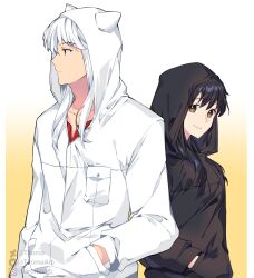 Rule 34 | 1boy, 1girl, absurdres, animal ear hood, black hair, black hoodie, border, brown eyes, closed mouth, fake animal ears, gradient background, hair between eyes, hand in pocket, highres, higurashi kagome, hood, hood up, hoodie, instagram username, inuyasha, inuyasha (character), long hair, red shirt, shirt, smile, tiroma, twitter username, upper body, white border, white hair, white hoodie, yellow background, yellow eyes