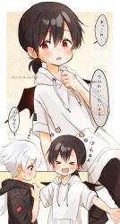 &gt;_&lt; 2boys artist_name black_hair black_hoodie black_shorts black_wings blue_eyes blush border child commentary cosplay costume_switch dated dated_commentary dot_nose double-parted_bangs drawstring fang far_tarooo hair_between_eyes highres hood hood_down hoodie kuro_(far_tarooo) kuro_(far_tarooo)_(cosplay) looking_to_the_side male_focus multiple_boys open_mouth original outside_border outstretched_arms parted_bangs ponytail red_eyes shiro_(far_tarooo) shiro_(far_tarooo)_(cosplay) short_ponytail short_sleeves shorts sideways_glance smile speech_bubble sweatdrop translation_request white_border white_hair white_hoodie white_wings wings