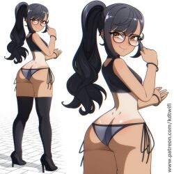 1girl ass bikini bikini_bottom_only black_hair breasts brown_eyes cowboy_shot dark-skinned_female dark_skin glasses high_heels highres ijiranaide_nagatoro-san kdtwifi looking_at_viewer patreon_username ponytail solo sports_bra swimsuit tan tanline thick_thighs thighhighs thighs