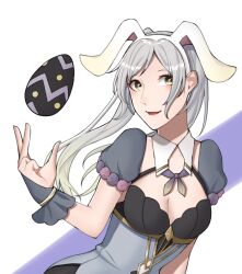 1girl alternate_costume animal_ears ao_saryaruhu arm_at_side bare_arms breasts brown_eyes cleavage clenched_hand collarbone easter_egg egg fake_animal_ears female_focus fingerless_gloves fingernails fire_emblem fire_emblem_awakening fire_emblem_heroes floating_hair gloves hair_through_headwear hand_up happy leaning_to_the_side looking_at_viewer lucina_(fire_emblem)_(cosplay) medium_breasts neck neck_ribbon open_mouth puffy_short_sleeves puffy_sleeves rabbit_ears ribbon robin_(female)_(fire_emblem) robin_(fire_emblem) short_sleeves smile standing swept_bangs twintails upper_body white_hair