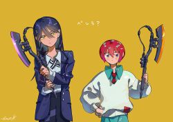 2girls absurdres amate_yuzuriha axe black_hair blush closed_mouth collared_shirt diagonal-striped_clothes diagonal-striped_necktie dress_shirt green_eyes green_shirt green_skirt gundam gundam_gquuuuuux hair_between_eyes hand_on_own_hip heat_hawk height_difference highres holding holding_axe holding_weapon jacket kajoichiro long_hair long_sleeves looking_at_viewer multiple_girls necktie nyaan_(gundam_gquuuuuux) open_clothes open_jacket puffy_long_sleeves puffy_sleeves purple_jacket red_hair school_uniform shirt short_hair signature simple_background skirt striped_clothes sweater translation_request upper_body weapon white_shirt white_sweater yellow_background yellow_eyes