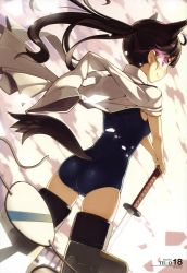 1girl absurdres animal_ears ass black_hair cameltoe clothing_cutout dutch_angle eyepatch female_focus from_behind glowing glowing_eye hands_on_hilt highres jacket jacket_on_shoulders katana long_hair looking_back military military_uniform one-piece_swimsuit ponytail purple_eyes sakamoto_mio school_swimsuit sky smile solo strike_witches striker_unit swimsuit sword tail tail_through_clothes tel-o unworn_eyepatch weapon world_witches_series