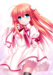 10s 1girl ahoge black_thighhighs blush breasts brown_hair clothes_lift dress dress_lift female_focus hair_ornament hand_in_own_hair juliet_sleeves long_hair long_sleeves ootori_chihaya over-kneehighs puffy_sleeves rewrite ribbon school_uniform skirt skirt_lift smile solo thighhighs very_long_hair white_background wing_hair_ornament winged_hair_ornament zen