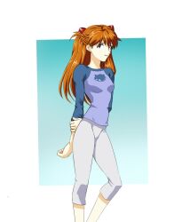 amondetauro ben_10 blue_shirt breasts cosplay grey_pants gwen_tennyson gwen_tennyson_(cosplay) half_updo highres holding_own_arm interface_headset_(evangelion) long_sleeves looking_at_viewer neon_genesis_evangelion orange_hair pants raglan_sleeves shirt small_breasts smile