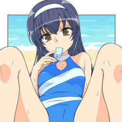 Rule 34 | 1girl, black hair, blue one-piece swimsuit, breasts, brown eyes, collarbone, food, food in mouth, girls und panzer, hairband, highres, long hair, looking at viewer, ocean, one-piece swimsuit, popsicle, popsicle in mouth, reizei mako, renshiu, small breasts, solo, spread legs, swimsuit