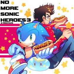 bad_id bad_twitter_id black_hair crossover denim energy_sword food furry furry_male gloves grasshopper_manufacture green_eyes jacket jeans looking_at_viewer male_focus no_more_heroes onsta pants red_jacket sega shoes short_hair simple_background smile sonic_(series) sonic_the_hedgehog sunglasses sword travis_touchdown weapon white_gloves