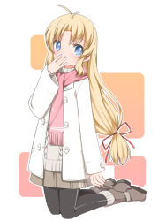 1girl aquaplus_(company) black_pantyhose blonde_hair blue_eyes buttons female_focus hair_ribbon hand_to_own_mouth highres kashiwagi_hatsune kizuato kneeling long_hair looking_at_viewer pantyhose pleated_skirt ribbon scarf shouji_ayumu skirt solo sweater