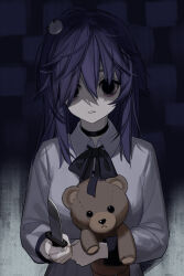 1girl bad_source black_bow black_bowtie black_choker black_eyes blue_hair bow bowtie choker creepy_mita_(miside) facing_viewer hair_between_eyes hair_ornament highres holding holding_knife holding_stuffed_toy knife long_bangs long_sleeves looking_at_viewer medium_hair miside mita_(miside) official_art open_mouth shadow shirt solo standing stuffed_animal stuffed_toy teddy_bear upper_body wavy_hair white_shirt