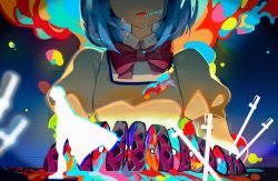 2girls absurdres blood blood_on_face blue_background blue_blood blue_hair bow bowtie cape chinese_commentary colored_blood commentary_request dual_persona explosion facing_viewer green_blood grey_blood head_out_of_frame highres jacket kong_tiao_bo_zi long_sleeves mahou_shoujo_madoka_magica mahou_shoujo_madoka_magica_(anime) miki_sayaka mitakihara_school_uniform multicolored_blood multiple_girls open_mouth orange_blood pink_blood planted planted_sword planted_weapon puffy_long_sleeves puffy_sleeves purple_blood rainbow_blood red_bow red_bowtie school_uniform short_hair silhouette size_difference sliced_meat standing stylized_blood surreal sword tears upper_body weapon yellow_blood yellow_jacket