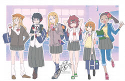 6+girls :d absurdres alchemist_(sekaiju) alchemist_2_(sekaiju) arms_behind_head bag bard_(sekaiju) bard_5_(sekaiju) belt black_hair black_pantyhose blonde_hair bow bowtie bra brown_eyes brown_hair cardigan cellphone classroom contemporary dark-skinned_female dark_skin etrian_odyssey eyepatch flower full_body hair_flower hair_ornament hairclip hat highres juice_box long_skirt loose_socks medic_(sekaiju) medic_2_(sekaiju) medical_eyepatch medium_skirt miniskirt multiple_girls necktie nikki_kyousuke open_clothes open_mouth open_shirt orange_bra orange_hair paladin_(sekaiju) paladin_2_(sekaiju) pants pants_under_skirt pantyhose partially_unbuttoned phone pink_bow pink_bowtie pleated_skirt ponytail ranger_(sekaiju) ranger_4_(sekaiju) red_bow red_bowtie red_hair red_necktie red_shoes school sekaiju_no_meikyuu sekaiju_no_meikyuu_1 sekaiju_no_meikyuu_hd shirt shoes skirt smartphone smile socks swordsman_(sekaiju) swordsman_2_(sekaiju) track_suit underwear vest white_shirt yellow_shirt
