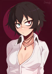 1girl artist_name black_hair breasts collared_shirt darahan devil_may_cry devil_may_cry_(series) devil_may_cry_3 green_eyes heterochromia jewelry lady_(devil_may_cry) looking_at_viewer necklace red_eyes scar scar_on_face scar_on_nose shirt short_hair white_shirt