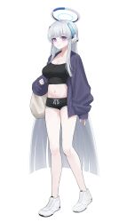Rule 34 | 1girl, absurdres, alternate costume, bag, bare legs, black camisole, black shorts, blue archive, blush, breasts, camisole, casual, cleavage, collarbone, commentary, crop top, dolphin shorts, elbow carry, full body, grey hair, halo, hayron, headgear, highres, jacket, long hair, looking at viewer, medium breasts, navel, noa (blue archive), plastic bag, purple eyes, purple jacket, shoes, short shorts, shorts, simple background, smile, sneakers, solo, stomach, straight hair, very long hair, white background, white shoes
