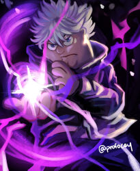Rule 34 | artist name, blue eyes, cleft chin, closed mouth, cosplay, family guy, gojou satoru, gojou satoru (cosplay), highres, jujutsu kaisen, jujutsu tech uniform, light frown, looking at viewer, male focus, outstretched arm, peter griffin, profocey, short hair, solo, white hair