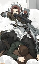Rule 34 | 1girl, aiming, apron, asterisk kome, boots, brown hair, gina wallace, gloves, green eyes, gun, heroes of order, highres, holding, holding gun, holding weapon, maid, maid apron, maid headdress, pump action, sheath, shotgun, smoke, weapon, winchester model 1897