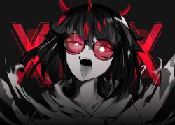Rule 34 | 1girl, black background, black hair, glasses, highres, hood, hood down, hoodie, horns, liz (nin fake), looking at viewer, monochrome, nin fake, open mouth, original, red-tinted eyewear, red eyes, round eyewear, short hair, smile, solo, spot color, sunglasses, symbol-shaped pupils, teeth, tinted eyewear, tongue, tongue out