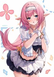 1girl :o bikini bikini_skirt black_thighhighs blue_eyes blush bracelet breasts cowboy_shot detached_sleeves elf elysia_(honkai_impact) elysia_(miss_pink_elf)_(honkai_impact) elysia_(summer_miss_elf)_(honkai_impact) floral_background guzangnanfeng headband honkai_(series) honkai_impact_3rd jewelry long_hair looking_at_viewer navel necklace own_hands_together pearl_necklace pink_hair pointy_ears short_sleeves solo stomach swimsuit thighhighs white_background white_bikini white_headband