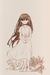 1girl absurdres bailan1130 barefoot black_eyes black_hair book bouquet bright_pupils dress flower full_body grey_background highres light_smile lily_of_the_valley limited_palette long_hair looking_at_viewer mari_(faraway)_(omori) mari_(omori) omori short_sleeves simple_background solo standing straight-on sunflower tree_stump white_background white_dress white_pupils