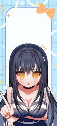 1girl :o arm_under_breasts bare_shoulders black_camisole black_choker black_hair black_hairband blue_border blush bone_hair_ornament border breasts camisole choker cleavage collarbone commentary_request commission eshiko frilled_camisole frilled_choker frills frown furrowed_brow hair_between_eyes hair_ornament hairband hand_up highres index_finger_raised kushima_kamome large_breasts leaning_forward long_hair looking_at_viewer notice_lines open_mouth outline outside_border ringed_eyes sidelocks simple_background skull_and_crossbones skull_hair_ornament solo straight-on straight_hair summer_pockets textless_version upper_body very_long_hair white_background white_outline yellow_eyes