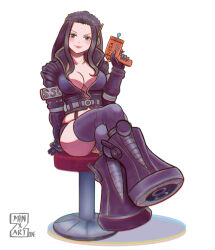 1girl alternate_color black_gloves black_hair black_thighhighs blush boots breasts cleavage closed_mouth commentary cropped_jacket crossed_legs full_body gloves hair_slicked_back headphones highres holding holding_weapon long_hair looking_at_viewer nico_robin nico_robin_(egghead) official_alternate_costume one_piece phoenix_sensei simple_background sitting smile solo thighhighs weapon white_background
